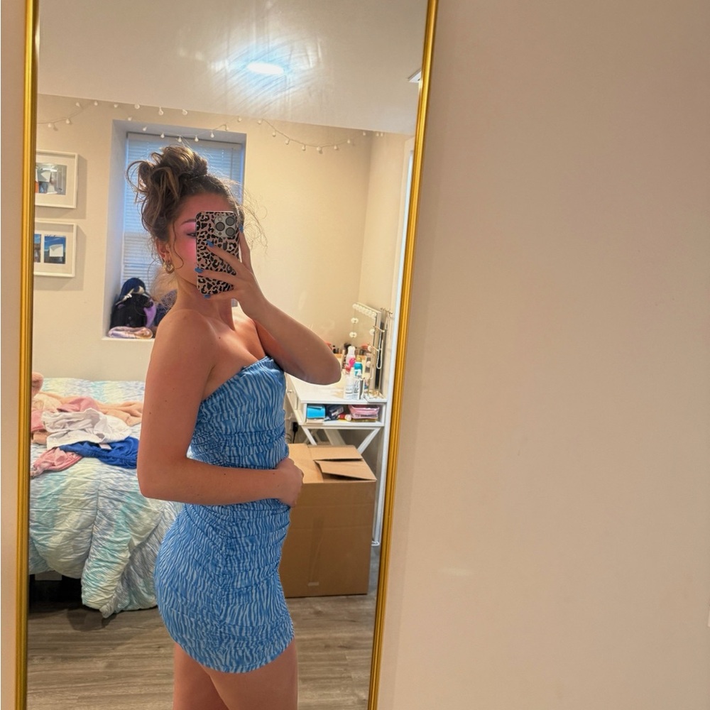 Blue Strapless Ruched Dress - Picture 2 of 3